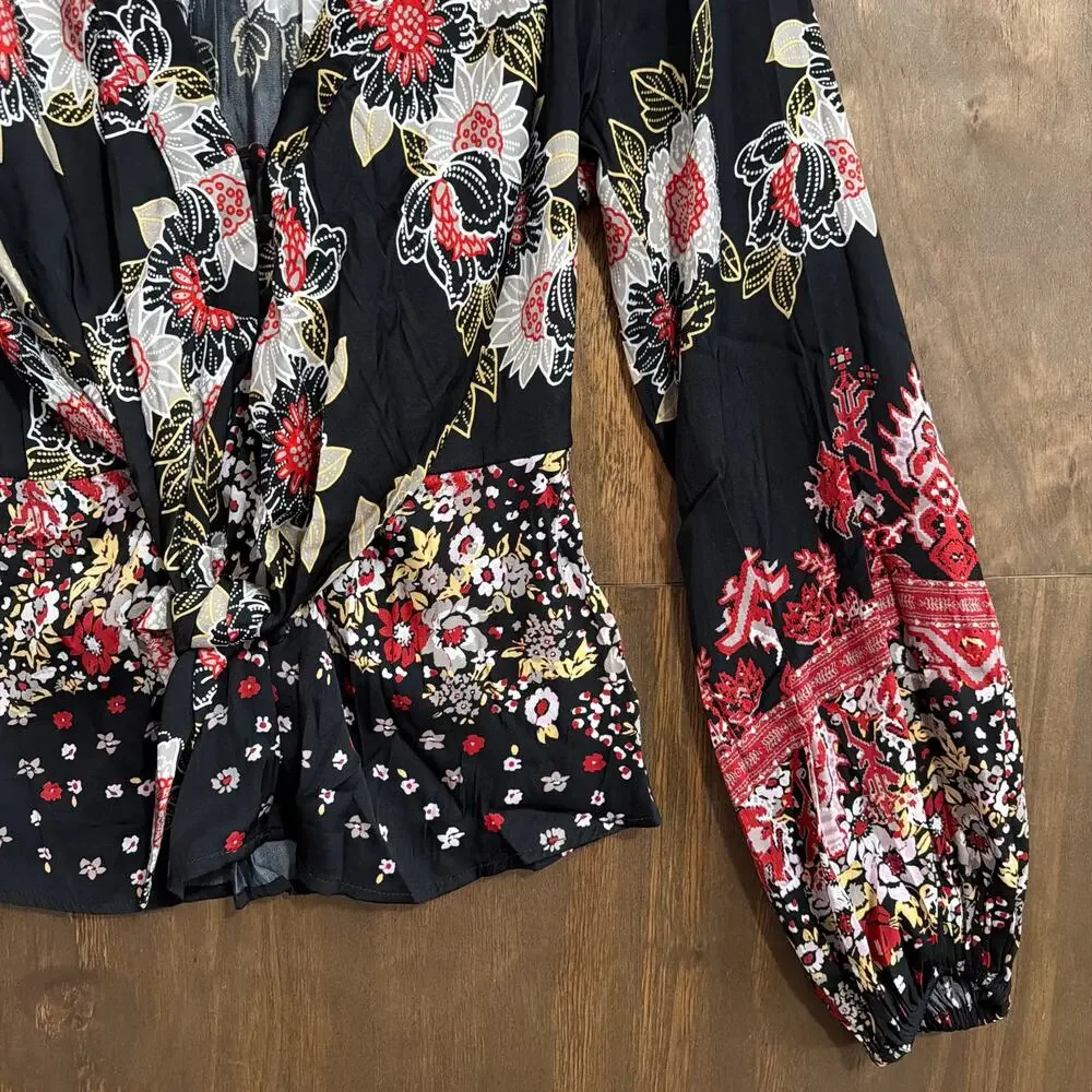 Free People Womens Blouse Black Floral Henley 'Run Free' Long Puff Sleeve Medium